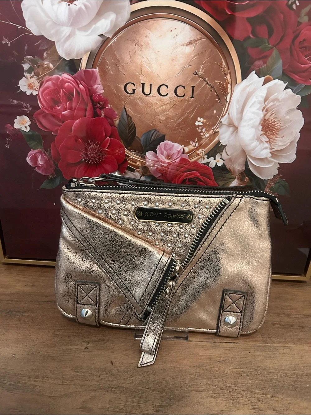 Betsey Johnson Metallic Rose Gold Wristlet Clutch